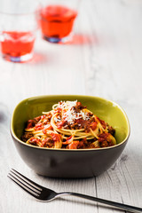 Spaghetti bolognese with parmesan cheese