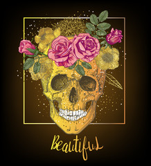 human skull with floral wreath