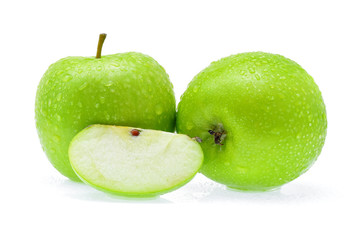 green apple with Drop of water on white background.