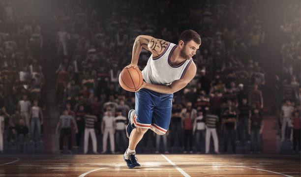 basketball player running with ball on stadium 3d