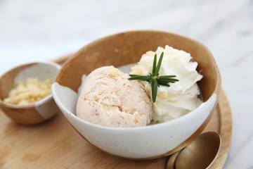 ice cream with cream on wood
