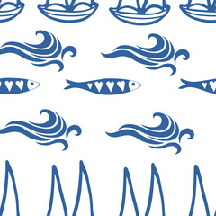 Seamless pattern with boats waves and sardines