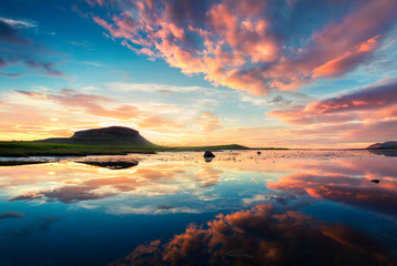 Colorful summer sunset near Grundarfjordur town.