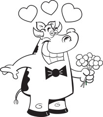 Black and white illustration of a cow in love holding flowers.