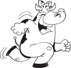 Black and white illustration of a cow running.