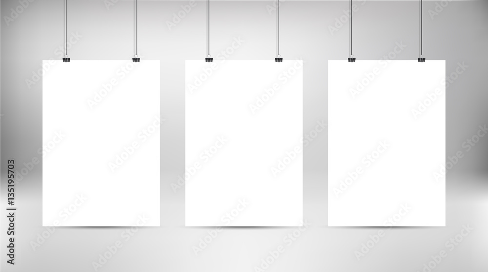 Fototapete Empty white vector poster templates. Poster mock up. Template of three white blank vector posters. Set of mockups hanging on wall. Frame for paper sheet. Stock vector. 