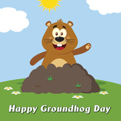 Obraz na płótnie Canvas Happy Marmot Cartoon Mascot Character Waving In Groundhog Day. Illustration Flat Design With Background And Text Happy Groundhog Day