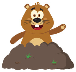 Happy Marmot Cartoon Mascot Character Waving In Groundhog Day. Illustration Flat Design Isolated On White Background