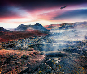 Fototapeta na wymiar Fields of steamy waters in the Krafla volcano