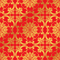 Seamless Golden Chinese Background Curve Spiral Cross Flower
