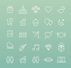 Set of Quality Universal Standard Minimal Simple Valentine's Day White Thin Line Icons on Color Background