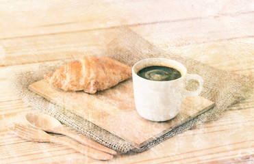 Double exposure of Coffee cup and croissant with old grunge ceme