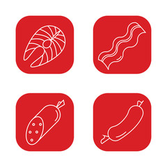 meat products set icons, Fish, smoked sausage, bacon outline thin line isolated vector sign symbol, on red background. Food elements. Can be used in logo, UI and web design