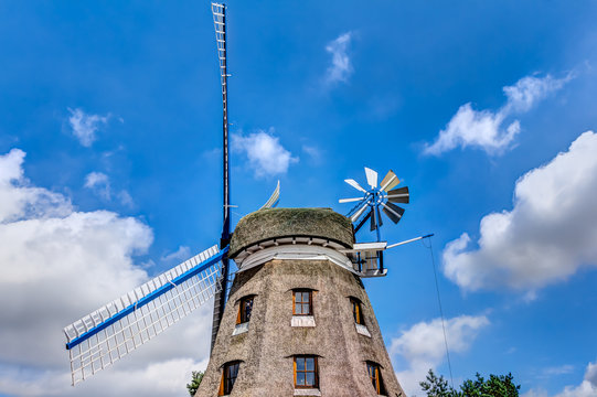 Typical Dutch windmill in Banzkow in Mecklenburg-West Pomerania, Germany