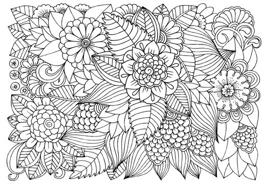 Black and white flower pattern for adult coloring book.