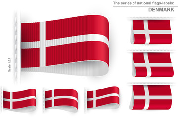 National state flag of Denmark; Sewn clothing label tag from flag of Kingdom of Denmark; Symbol of the danish national patriotic pride and political power; Vector set icon Eps10