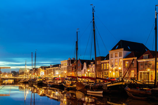 Evening view of a Dutch canal in the city center of Zwolle