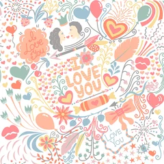 Wandcirkels plexiglas Seamless pattern with hand drawn love elements. Colorful greeting background on Valentine's Day. Holiday. It can be used for wallpaper, textiles, wrapping, card. Vector illustration, eps10 © leila_divine
