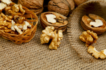 Whole walnuts and kernels on the table