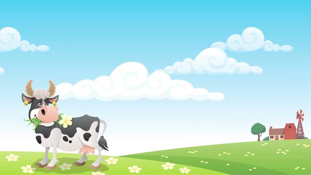 Dairy Farm / Cartoon cow grazing on meadow. 
