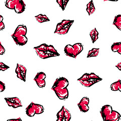 cute seamless pattern. Color vector romantic background. Illustration with lips. Valentines day theme.