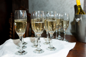 Champagne glasses on the table during the party.