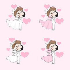 Wedding cartoon vector, bride and groom hug and look at each others