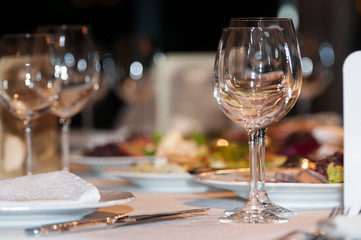 Wine glasses on the table during the party.
