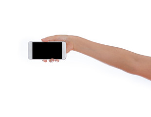 Woman Hand holding mobile smart phone with blank screen. Isolate