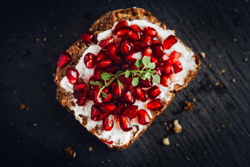 Top view of sweet sandwich with pomegranate