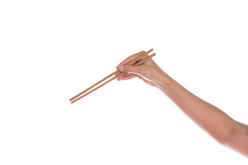 Woman hand holding chopsticks, isolated on white