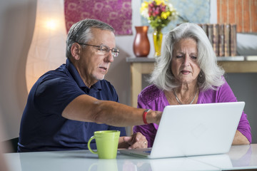 A senior aged couple looking at their bills online - Powered by Adobe