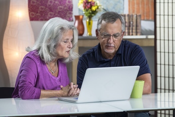 A senior aged couple video chatting on their computer