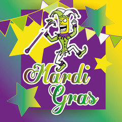 Mardi gras harlequin jumping over text, colors purple, green and