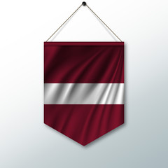 Obraz premium The national flag of Latvia. The symbol of the state in the pennant hanging on the rope. Realistic vector illustration.