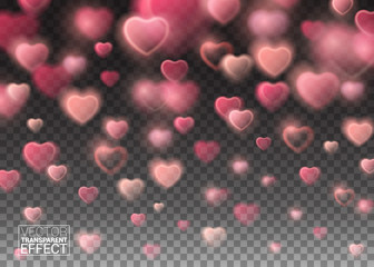 Glowing Sparkling Pink Hearts on Transparent Background. Realistic Particle Bokeh and Sparkles effect. Bright Design Element for Decoration Holidays Valentine's Day
