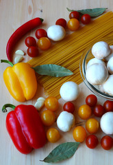 Food composition of pasta, assorted vegetables and herbs