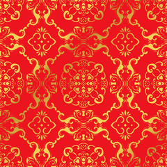 Seamless Golden Chinese Background Spiral Curve Chain Flower