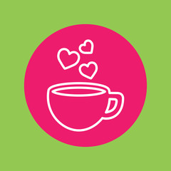 cup of coffee tea hot with hearts steam line icon white on pink circle on green