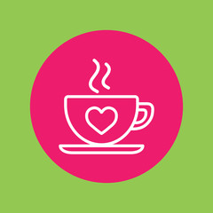 cup of coffee tea hot with hearts steam line icon white on pink circle on green