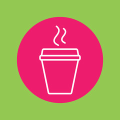 glass drink paper plastic coffee cup with steam line icon white on pink circle on green