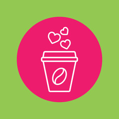 glass coffee cup with coffee bean and hears steam line icon white on pink circle on green