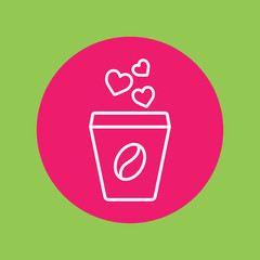 glass coffee cup with coffee bean and hears steam line icon white on pink circle on green