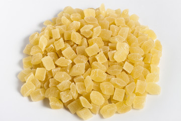 dehydrated pineapple core dice on white background