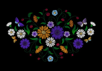 Embroidery branch of pink cherry blossoms love black background sakura. Hanami flowering festival. Valentine day love card