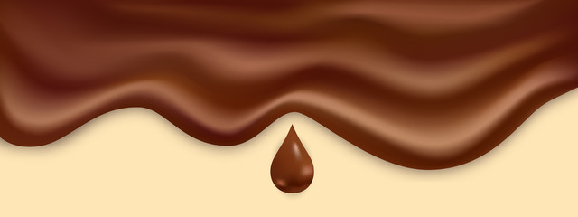 Sweet delicious melted chocolate background, vector illustration. Realistic brown liquid with drop.