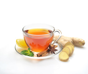 tea, honey, ginger, cinnamon and lemon on a white background