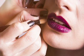 Close up of a makeup artist hands while she is putting makeup on a woman face. Hard work. Detail and precision work on a woman's face. Woman's lips and nose close up.