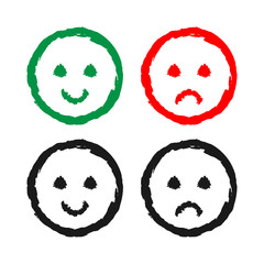 Set of cheerful and sad smiles. Drawing a rough brush. Grunge.