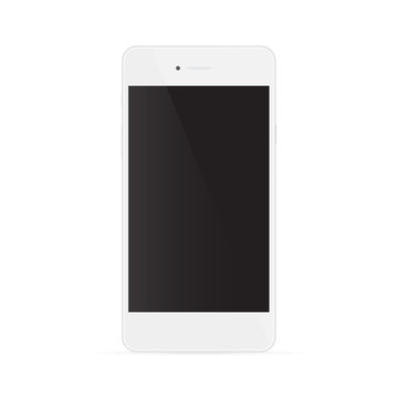 Realistic white phone with black screen, isolated on white backg